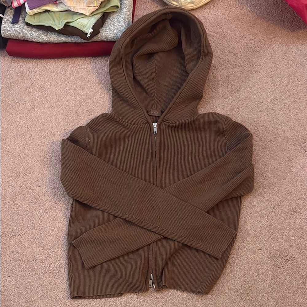 Brown Zip-Up Cropped Hoodie Sweatshirt